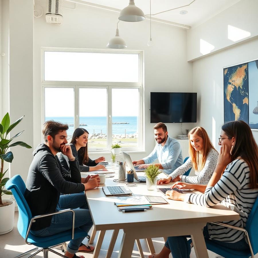 Entrepreneurs travaillant dans un coworking face à la mer