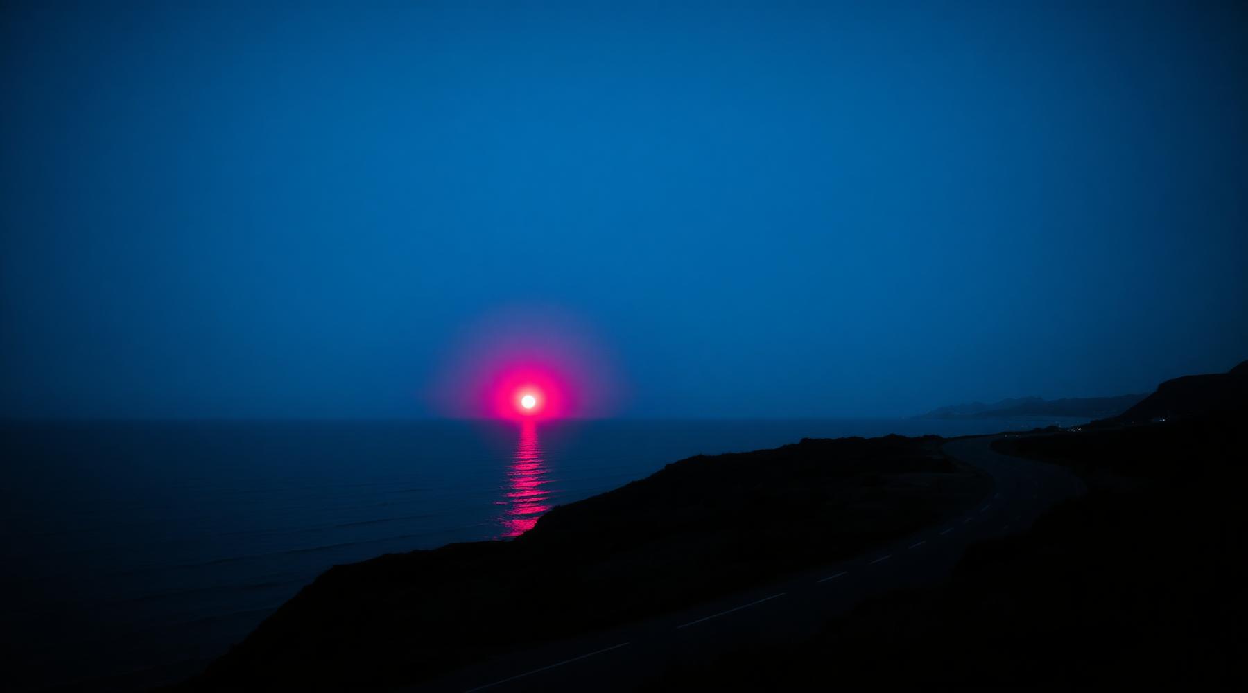 Coucher de soleil sur l'océan depuis une route côtière