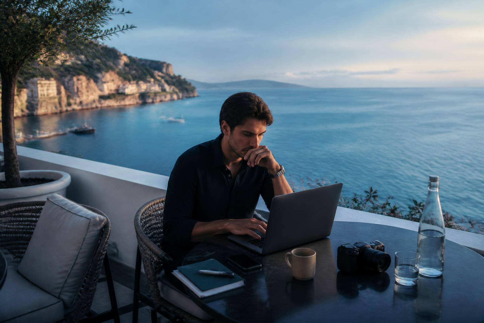 Entrepreneur travaillant face à la mer Méditerranée